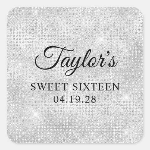 Silver White Disco Glitter Sweet Sixteen Square Sticker