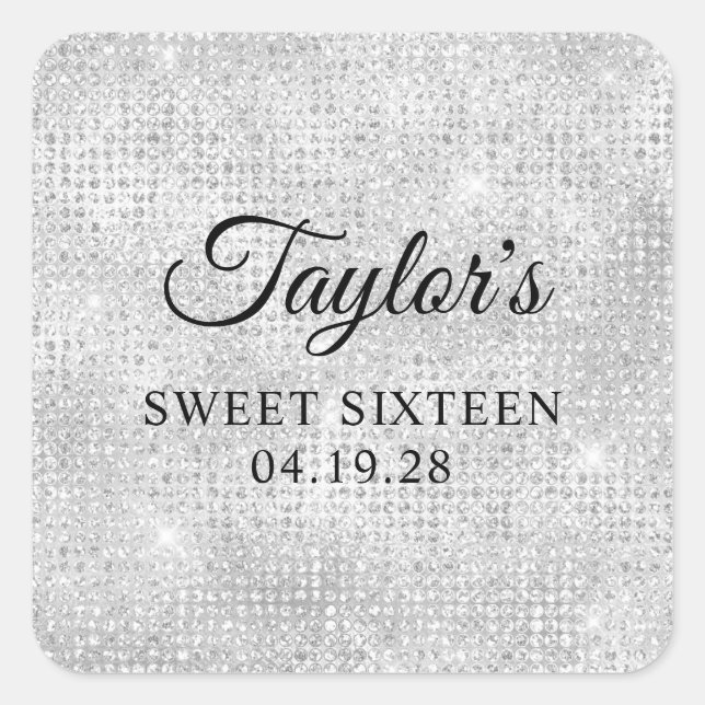 Silver White Disco Glitter Sweet Sixteen Square Sticker (Front)