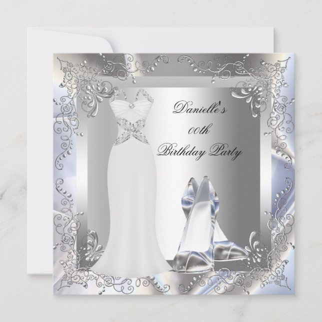 Silver White Dress High Heel Shoes Silver Birthday Invitation (Front)