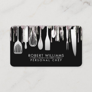Silver White Drip Chef Kitchen Tools Glitter Faux Business Card