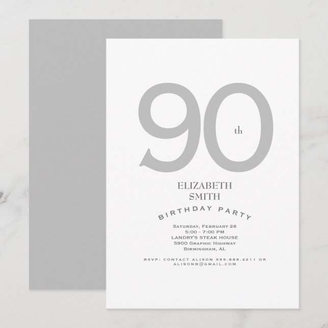 Silver & White Elegant 90th Birthday Party Invitation (Front/Back)