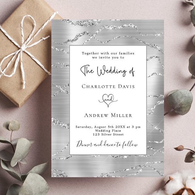 Silver white elegant wedding invitation postcard (Creator Uploaded)