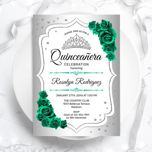 Silver White Emerald Green Floral Quinceanera Invitation