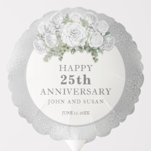 Silver White Floral 25th Wedding Anniversary Balloon