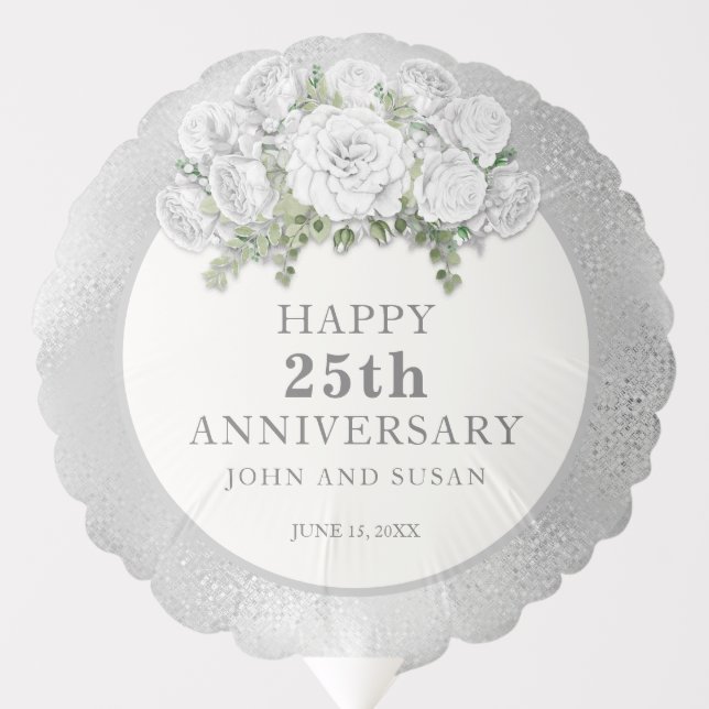 Silver White Floral 25th Wedding Anniversary Balloon (Front)