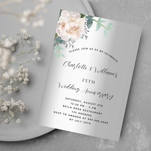 Silver white floral 25th wedding anniversary invitation