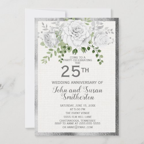 Silver White Floral 25th Wedding Anniversary Invitation