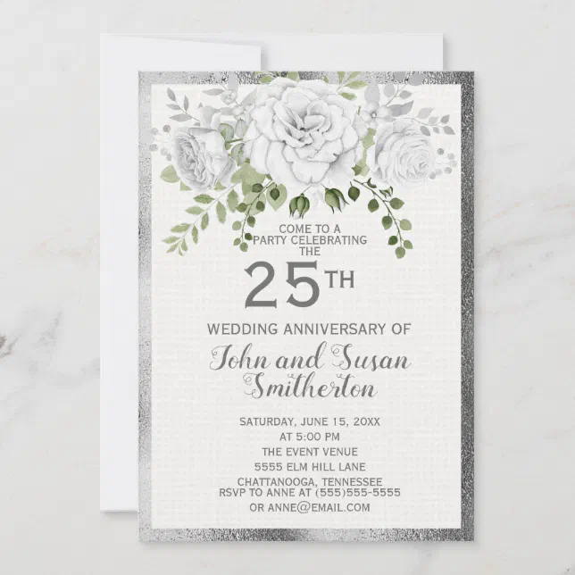 Silver White Floral 25th Wedding Anniversary Invitation 