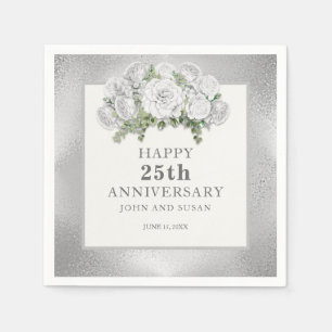 Silver White Floral 25th Wedding Anniversary Napkins