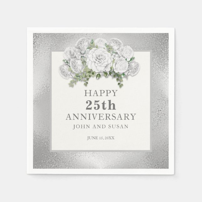 Silver White Floral 25th Wedding Anniversary Napkins (Front)