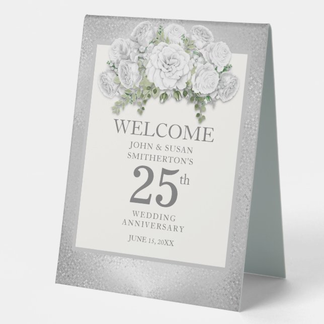 Silver White Floral 25th Wedding Anniversary Table Tent (Front)