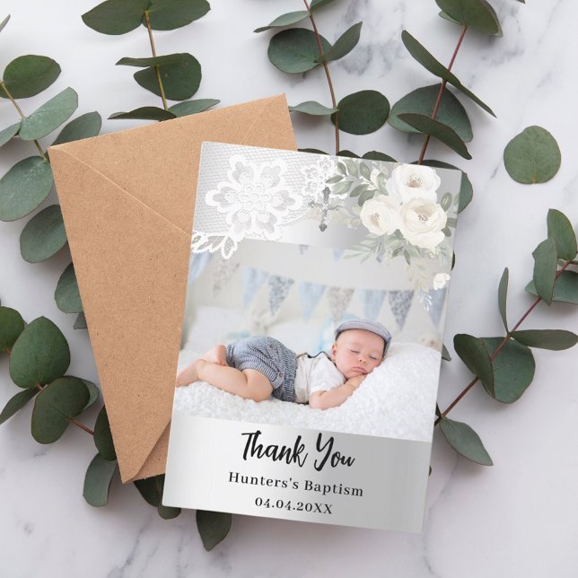 Silver white floral baptism photo thank you card (Creator Uploaded)