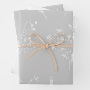 Silver White Floral Boho Wedding Wrapping Paper Sheets