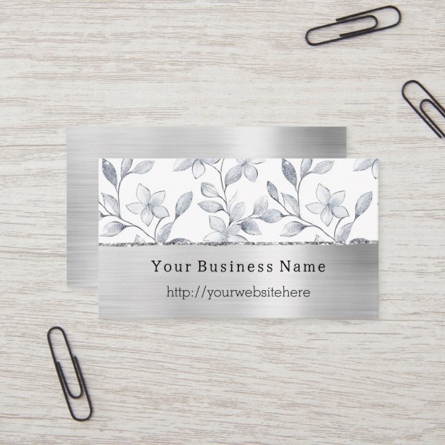Silver White Floral Business name website Business Card (Front/Back In Situ)