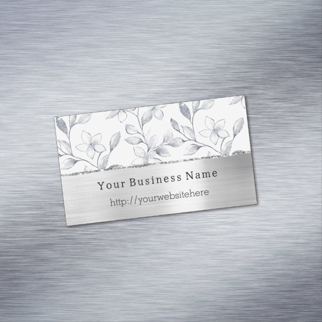 Silver White Floral Business name website Business Card Magnet (In Situ)