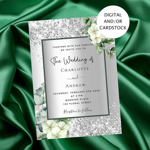 Silver white floral eucalyptus elegant wedding invitation