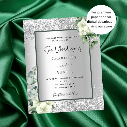 Silver white floral eucalyptus wedding invitation flyer