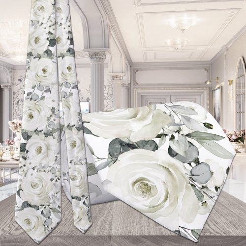 Silver White Floral Greenery Wedding Neck Tie
