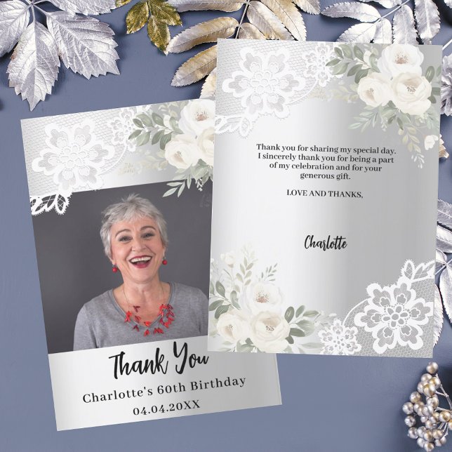 Silver white floral lace birthday photo thank you card (Creator Uploaded)