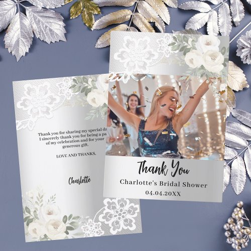 Silver white floral lace Bridal Shower photo Thank You Card