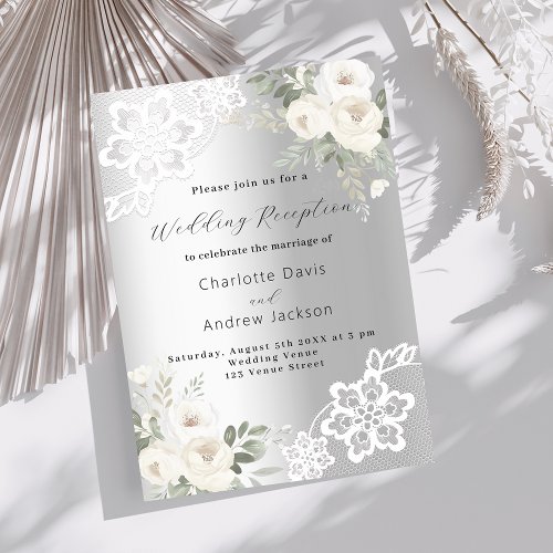 Silver white floral lace premium wedding reception invitation