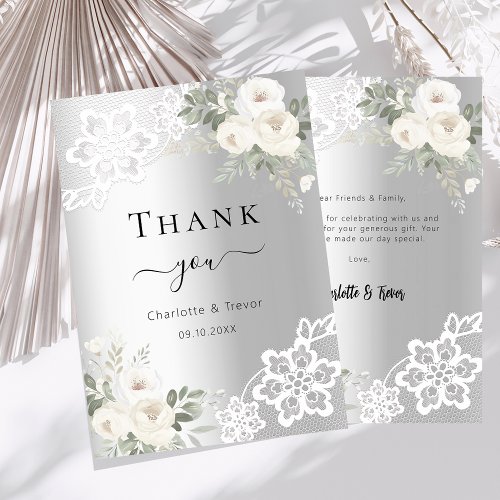 Silver white floral lace wedding thank you card