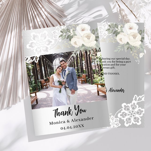 Silver white floral lace wedding thank you card (Creator Uploaded)