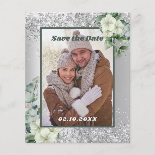 Silver white floral photo Save the Date wedding Flyer