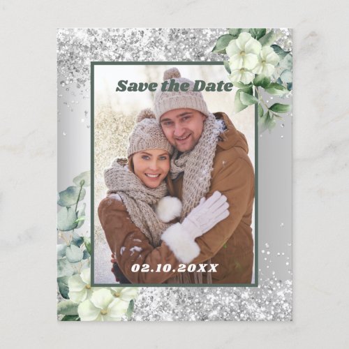 Silver white floral photo Save the Date wedding Flyer