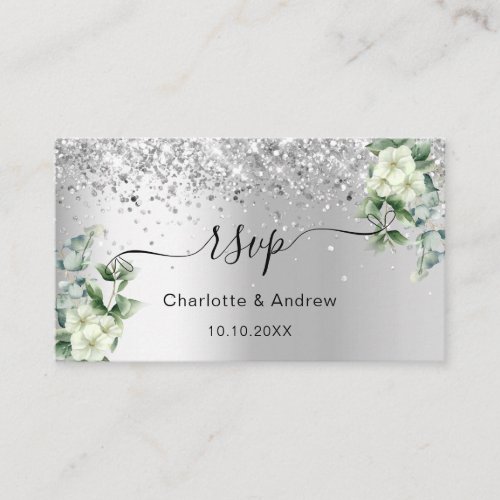 Silver white floral wedding website RSVP QR code Enclosure Card