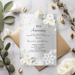 Silver white florals 10th wedding anniversary invitation