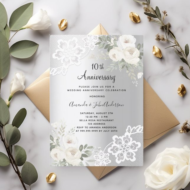 Silver white florals 10th wedding anniversary invitation (Creator Uploaded)