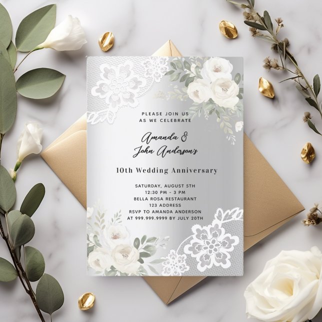Silver white florals 10th wedding anniversary invitation (Creator Uploaded)