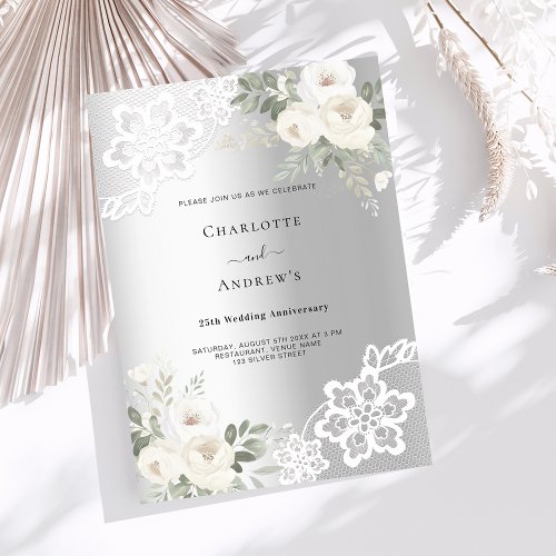 Silver white florals 25th wedding anniversary invitation