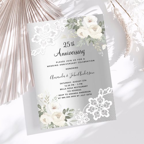 Silver white florals 25th wedding anniversary invitation