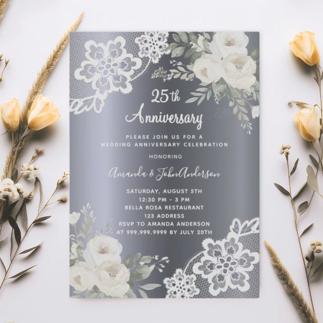 Silver white florals 25th wedding anniversary invitation (Creator Uploaded)