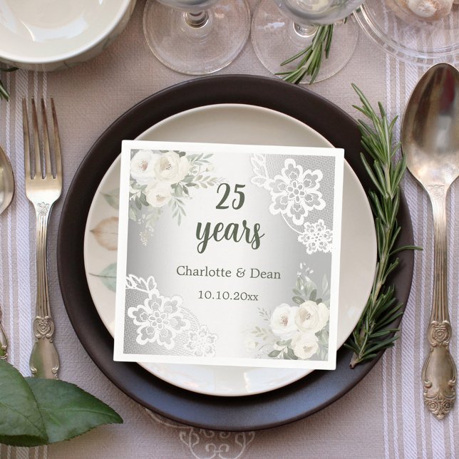 Silver white florals 25th wedding anniversary napkins (Creator Uploaded)