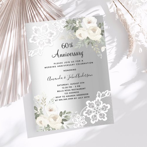 Silver white florals 60th wedding anniversary invitation