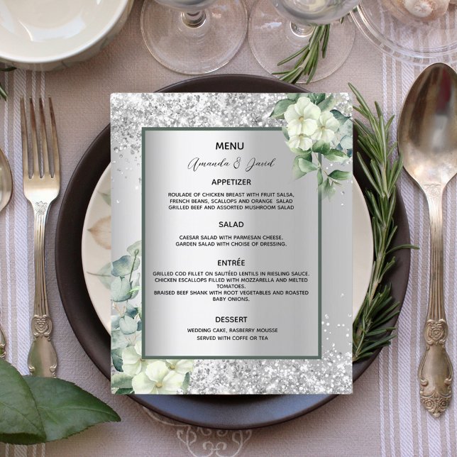 Silver white florals budget wedding menu flyer (Creator Uploaded)