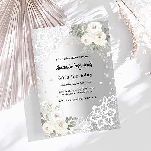 Silver white florals diamonds birthday invitation