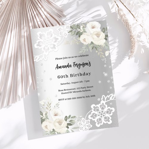 Silver white florals diamonds luxury birthday invitation