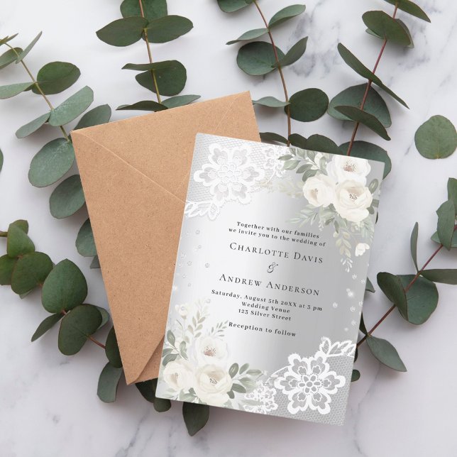 Silver white florals diamonds wedding invitation (Creator Uploaded)