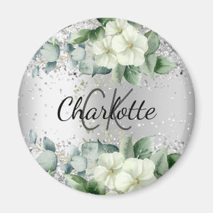 Silver white florals elegant monogram name magnet