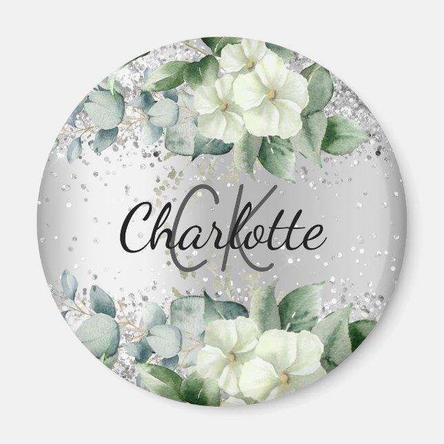 Silver white florals elegant monogram name magnet (Front)