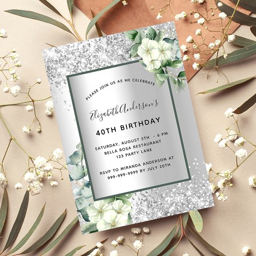 Silver white florals eucalyptus greenery birthday invitation