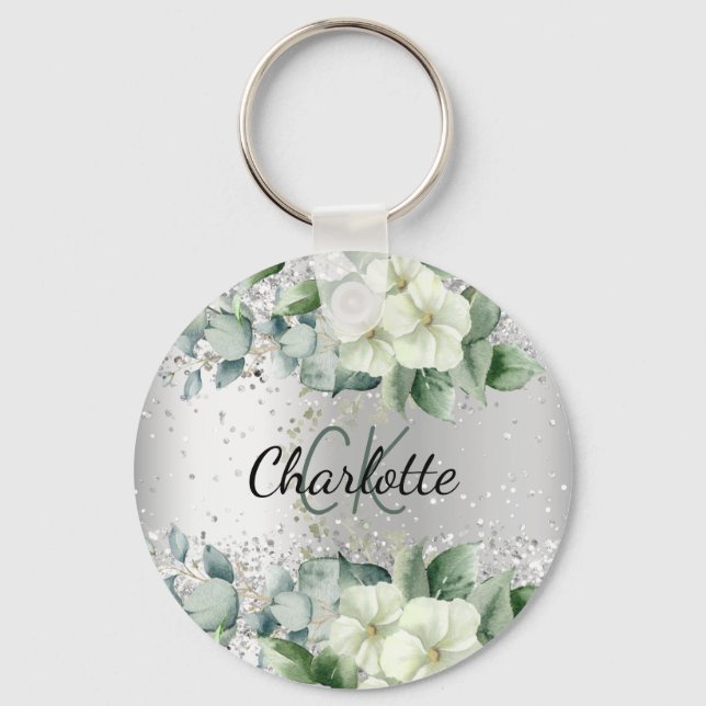 Silver white florals eucalyptus greenery name keychain (Front)
