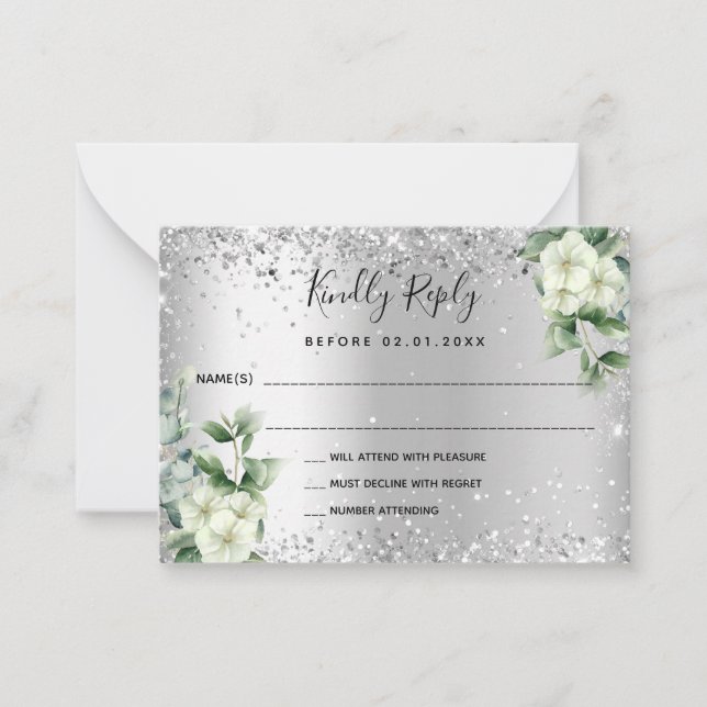 Silver white florals eucalyptus wedding RSVP Note Card (Front)