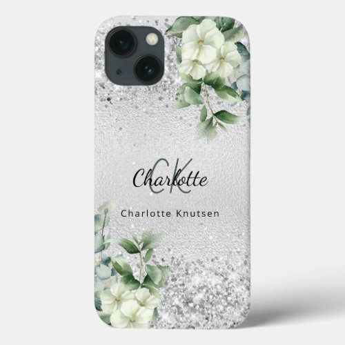 Silver white florals euclayptus monogram name iPhone 13 case