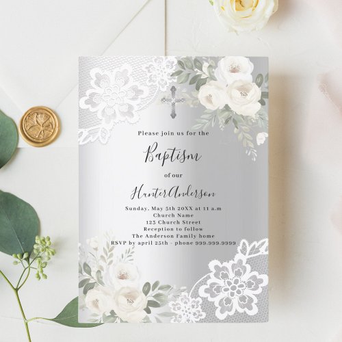 Silver white florals lace Baptism Invitation