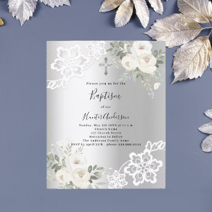 Silver white florals lace boy Baptism invitation